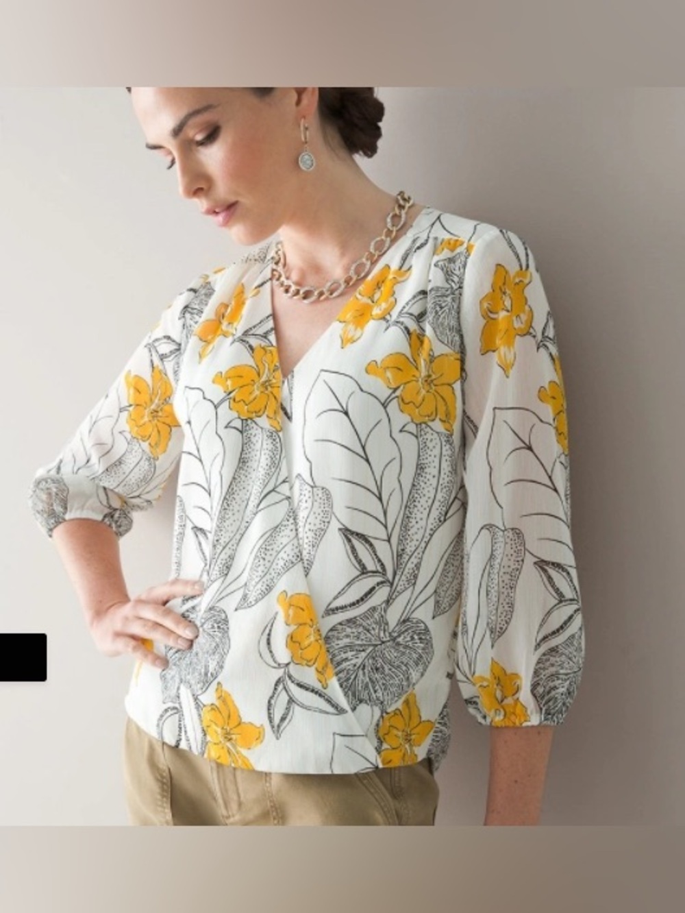 White House Black Market 3/4 Sleeve Metallic Floral Surplice Blouse Sz 8